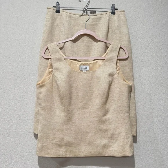 Le Suit Skirt Blouse Set Women’s 12 Tan Cream Midi Pencil Skirt Formal Office - Picture 1 of 8